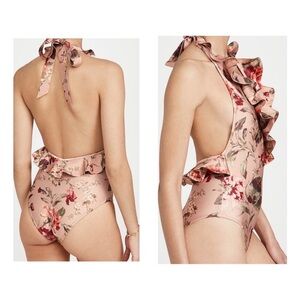 Zimmermann Floral Ruffle One Piece in Pink and Red